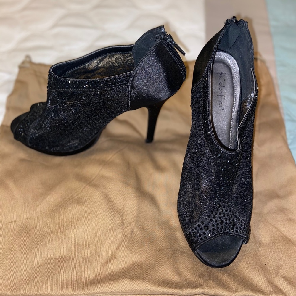 Black Lace Open Toe Shoe with Studs